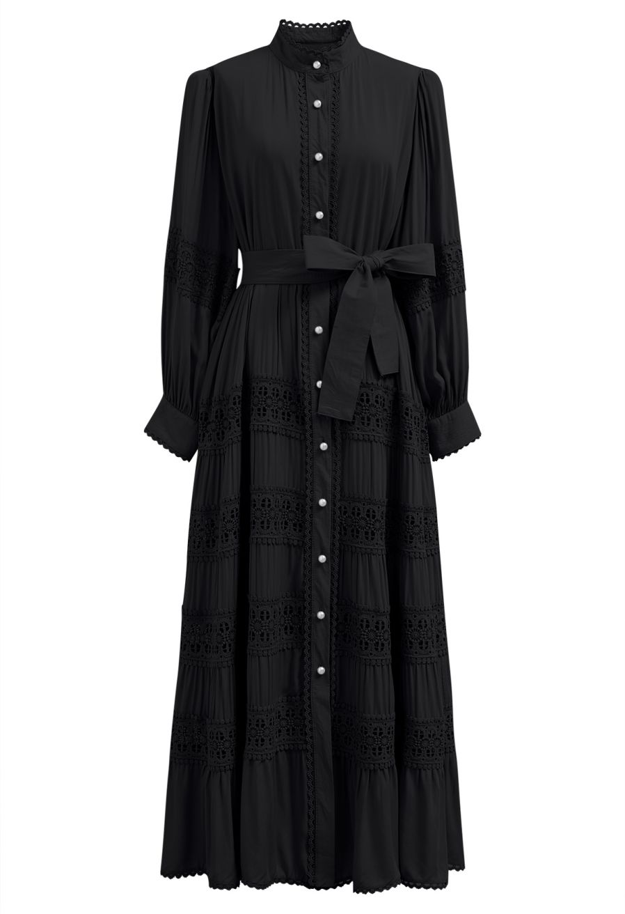 Crochet Panelled Tie-Waist Button Down Dress in Black