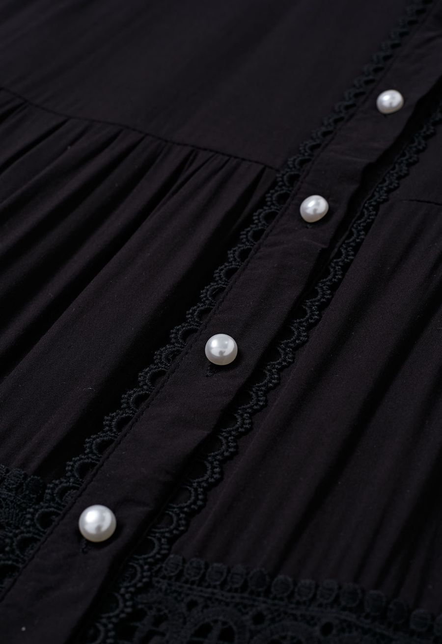 Crochet Panelled Tie-Waist Button Down Dress in Black
