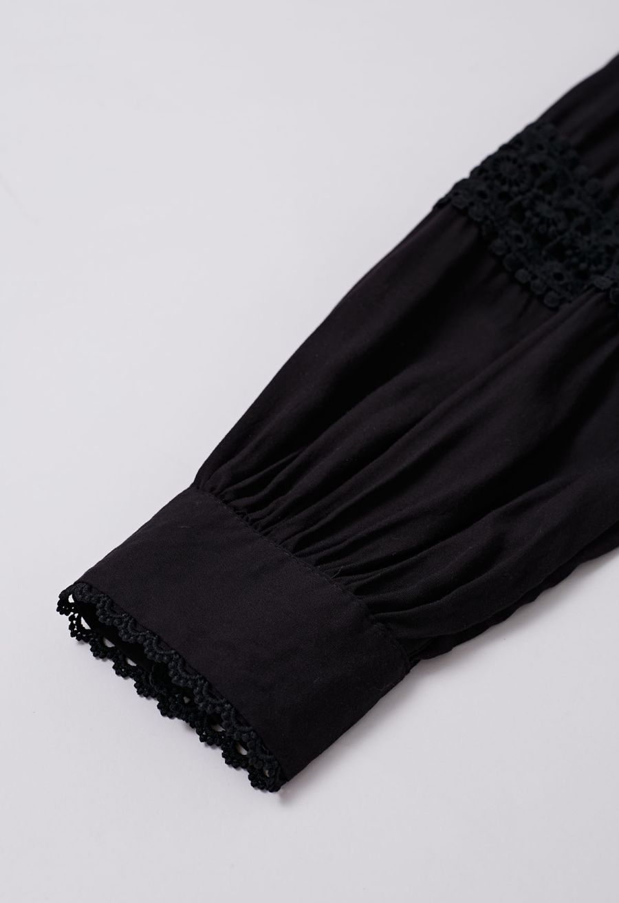 Crochet Panelled Tie-Waist Button Down Dress in Black