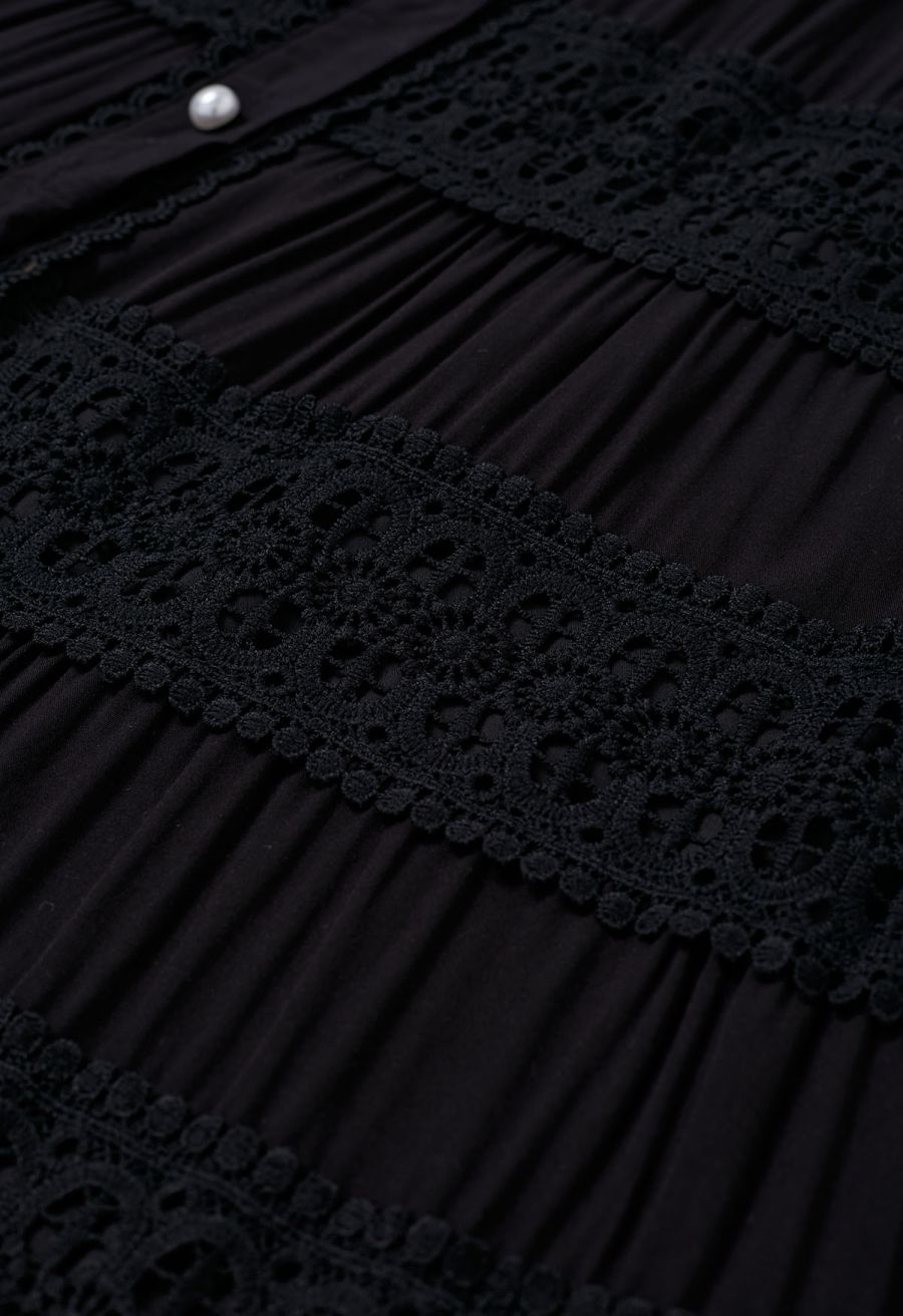 Crochet Panelled Tie-Waist Button Down Dress in Black