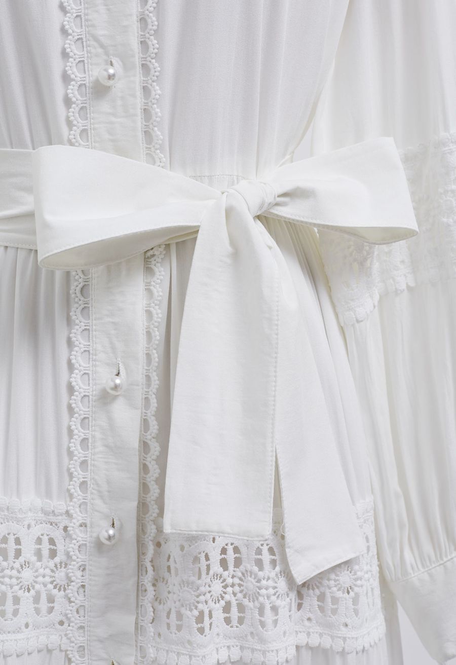 Crochet Panelled Tie-Waist Button Down Dress in White