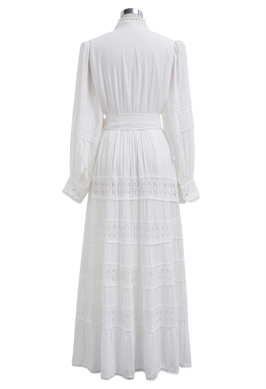 Crochet Panelled Tie-Waist Button Down Dress in White