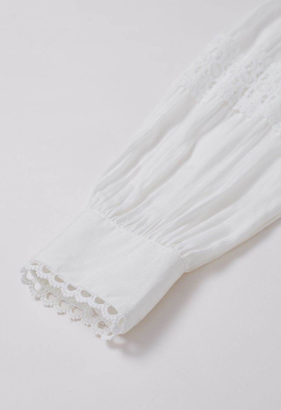 Crochet Panelled Tie-Waist Button Down Dress in White