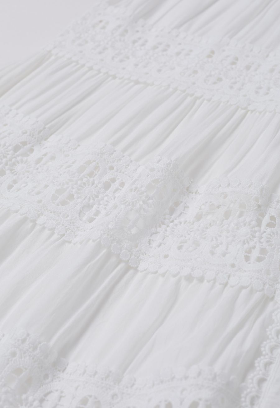 Crochet Panelled Tie-Waist Button Down Dress in White