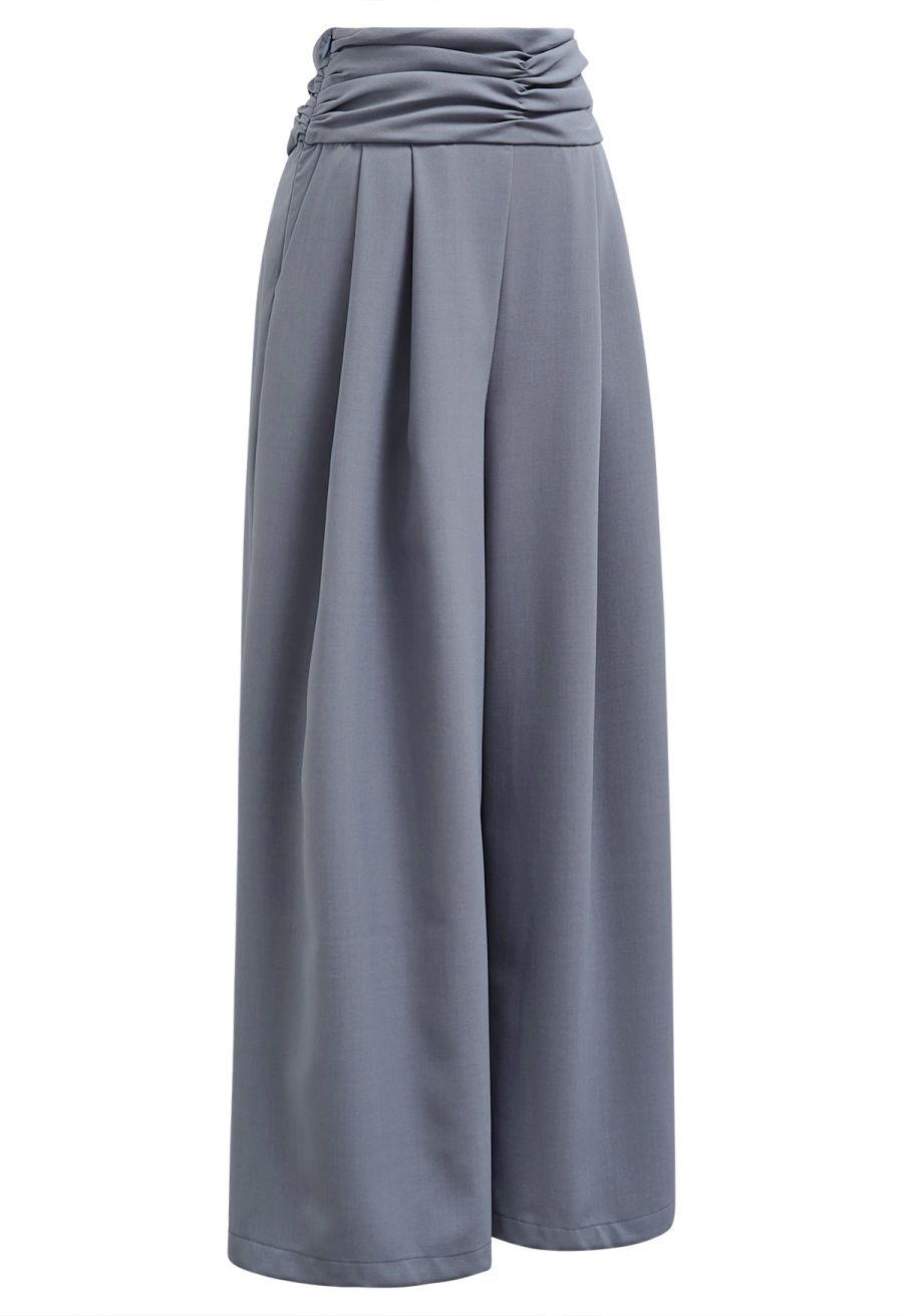 Ruched High Waist Pleated Wide-Leg Pants in Dusty Blue