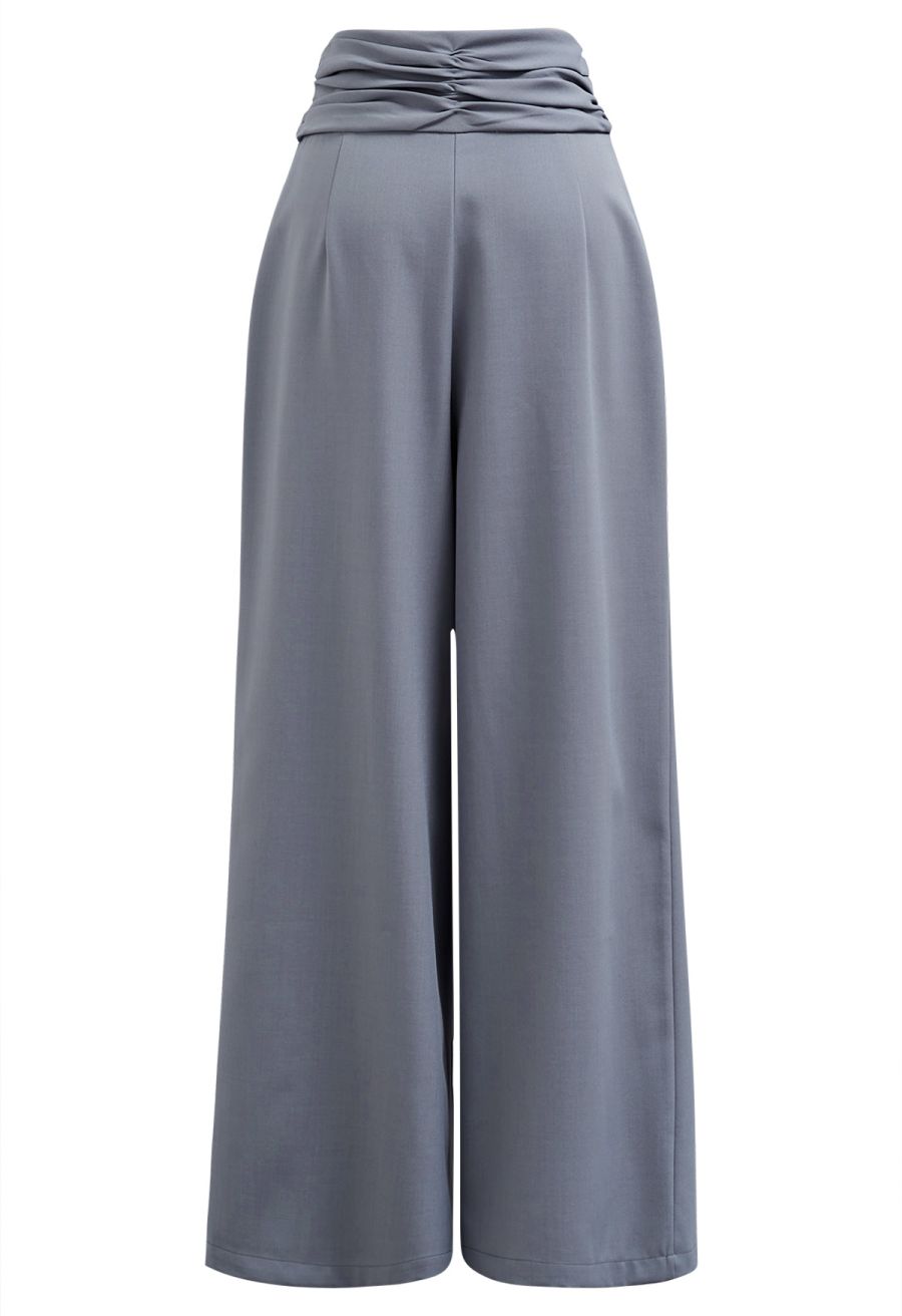 Ruched High Waist Pleated Wide-Leg Pants in Dusty Blue