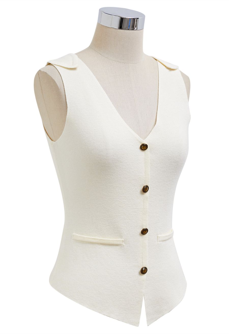 Cutout Back Buttoned Sleeveless Knit Top in White