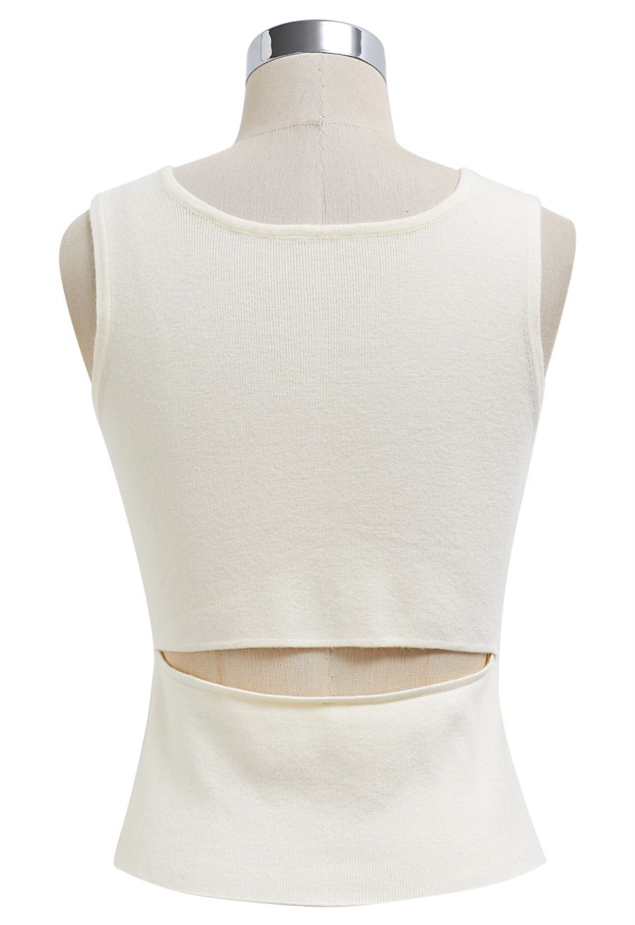 Cutout Back Buttoned Sleeveless Knit Top in White