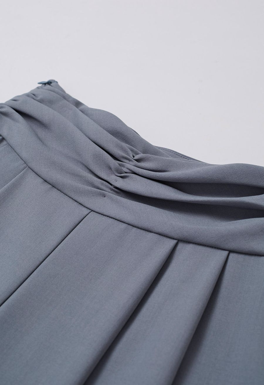 Ruched High Waist Pleated Wide-Leg Pants in Dusty Blue