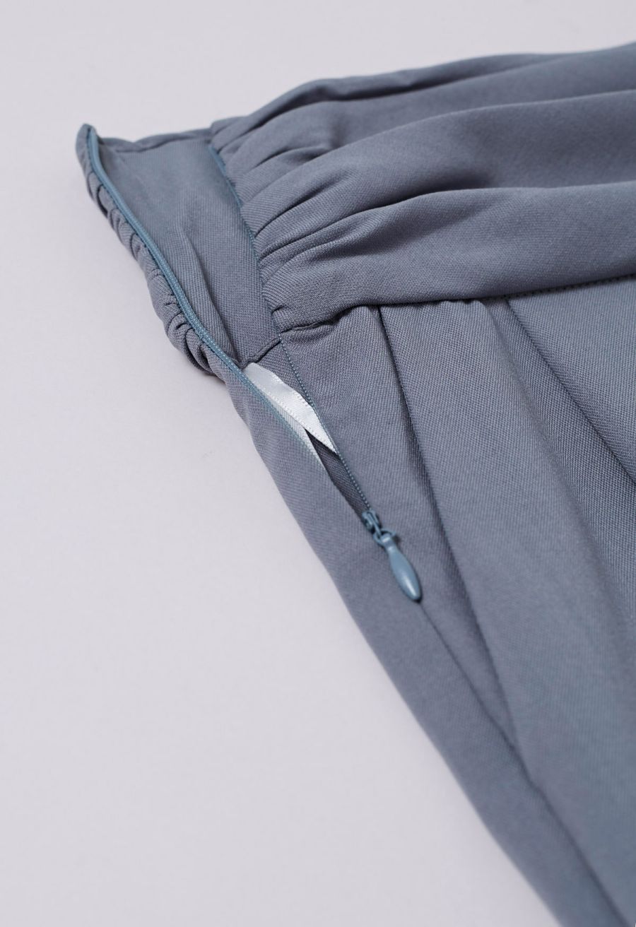 Ruched High Waist Pleated Wide-Leg Pants in Dusty Blue