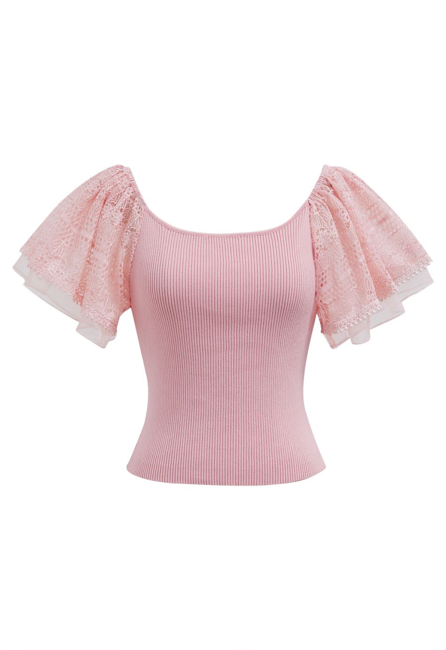 Cutwork Lace Flutter Sleeves Spliced Knit Top in Pink