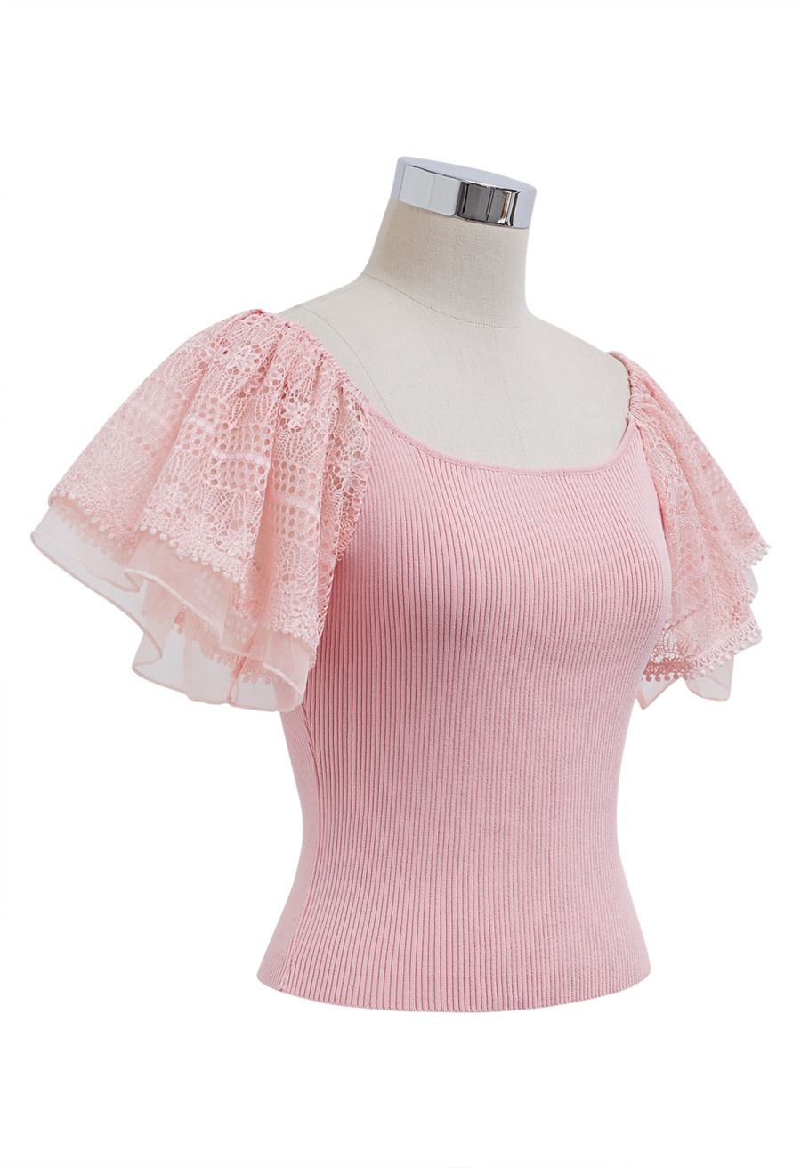 Cutwork Lace Flutter Sleeves Spliced Knit Top in Pink