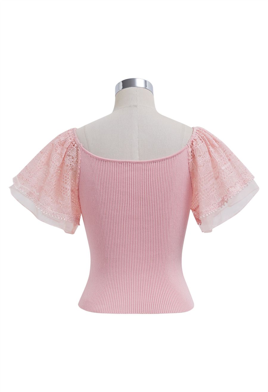 Cutwork Lace Flutter Sleeves Spliced Knit Top in Pink