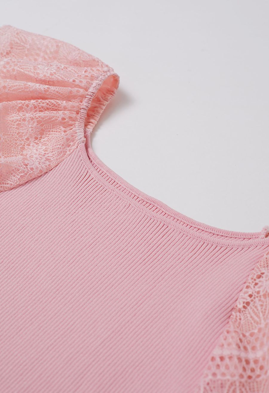 Cutwork Lace Flutter Sleeves Spliced Knit Top in Pink