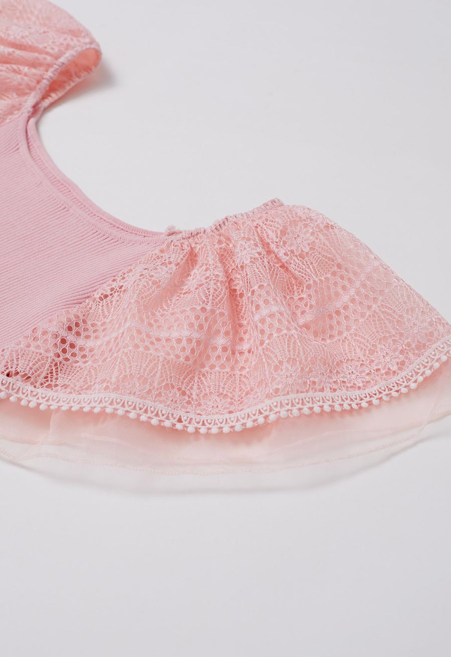 Cutwork Lace Flutter Sleeves Spliced Knit Top in Pink