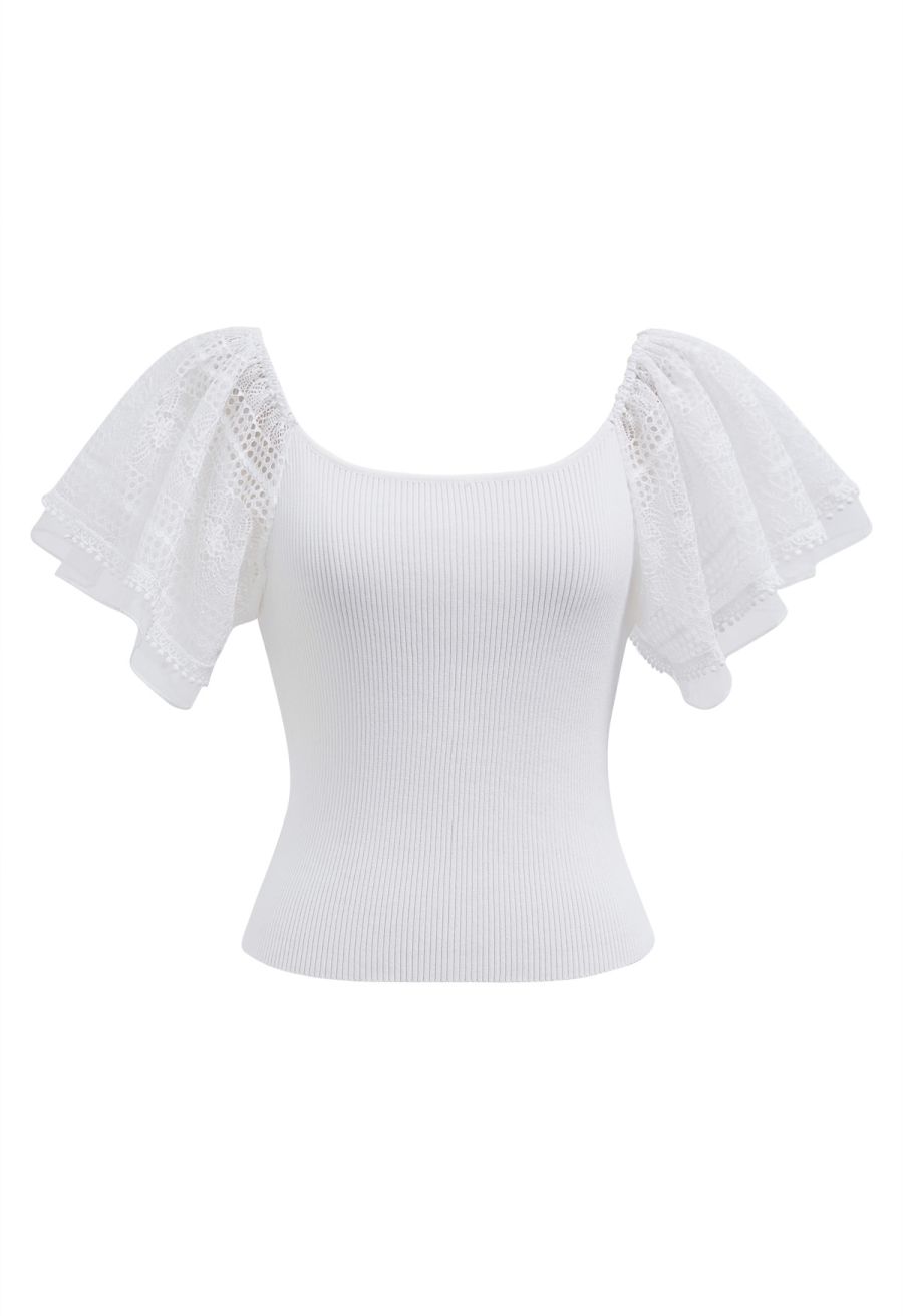 Cutwork Lace Flutter Sleeves Spliced Knit Top in White