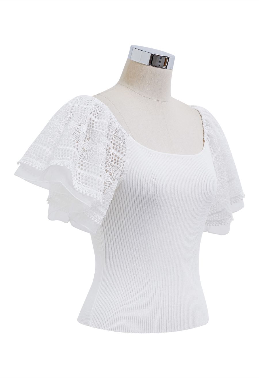 Cutwork Lace Flutter Sleeves Spliced Knit Top in White