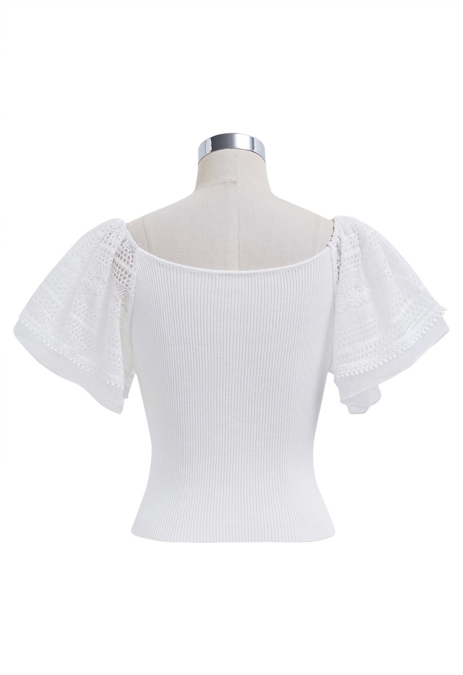 Cutwork Lace Flutter Sleeves Spliced Knit Top in White