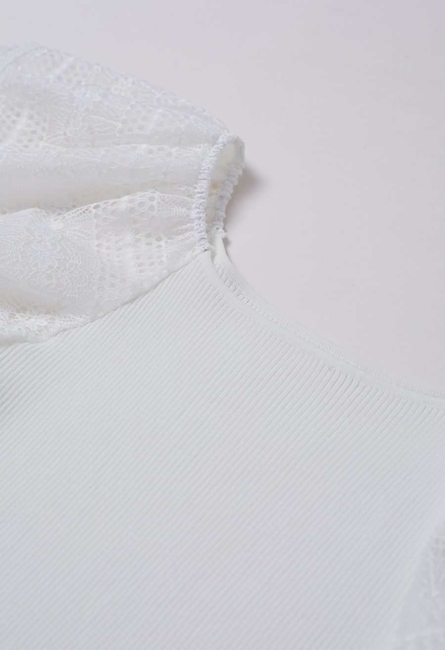 Cutwork Lace Flutter Sleeves Spliced Knit Top in White