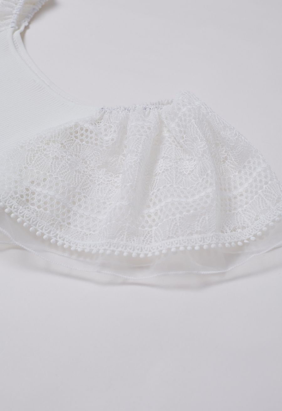 Cutwork Lace Flutter Sleeves Spliced Knit Top in White