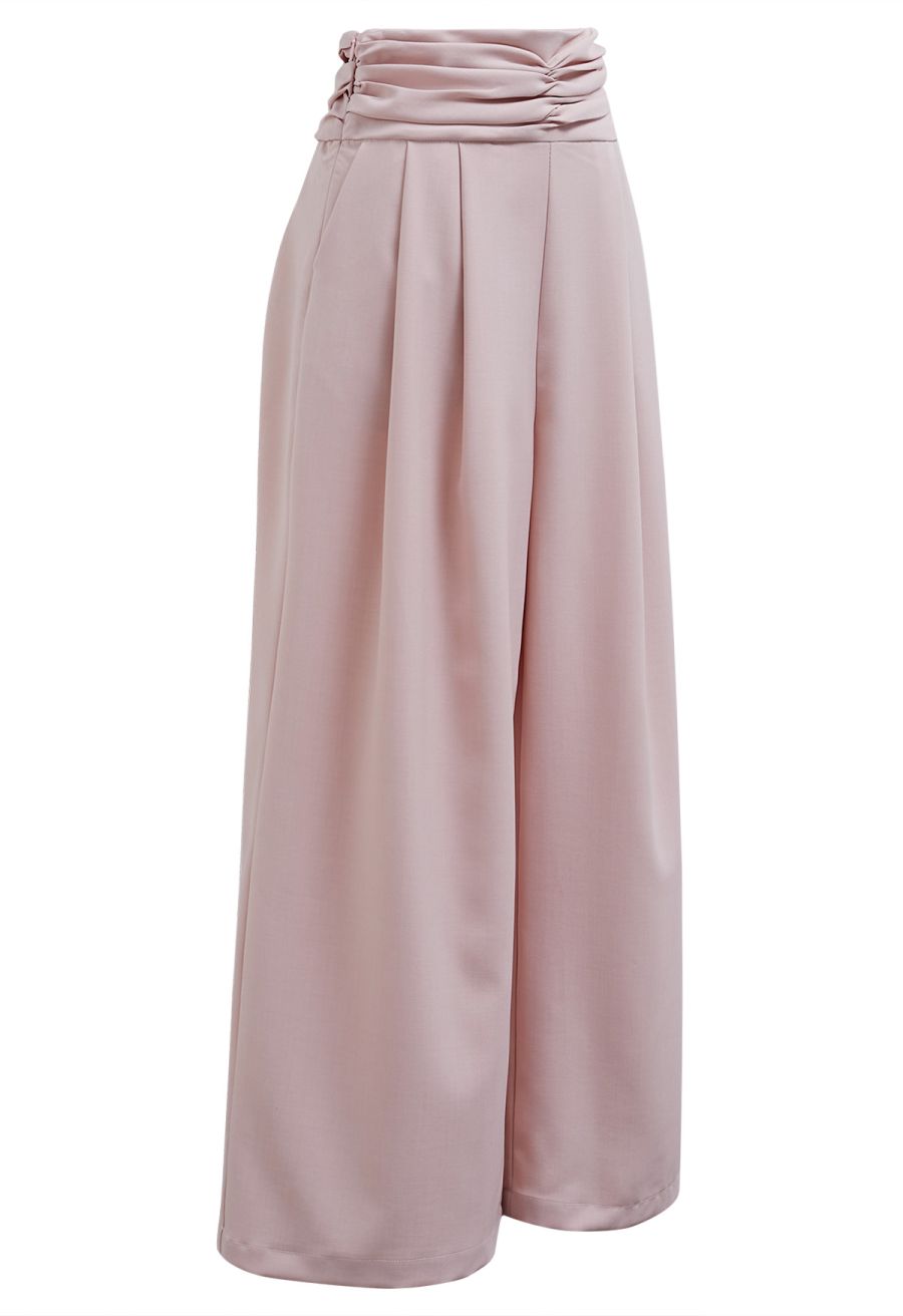 Ruched High Waist Pleated Wide-Leg Pants in Pink
