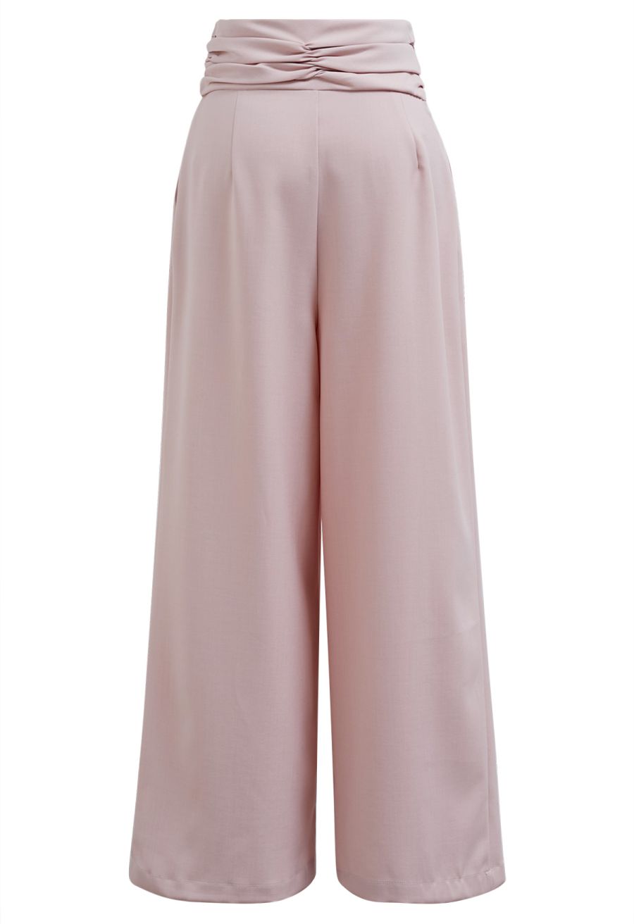 Ruched High Waist Pleated Wide-Leg Pants in Pink