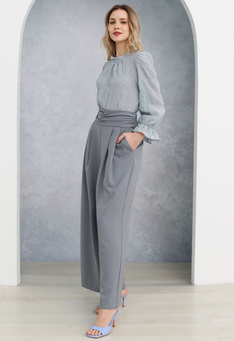 Ruched High Waist Pleated Wide-Leg Pants in Dusty Blue