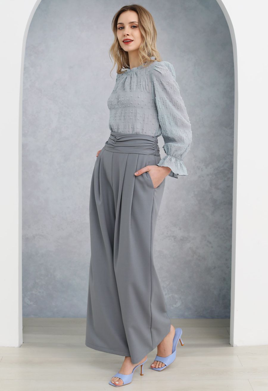 Ruched High Waist Pleated Wide-Leg Pants in Dusty Blue