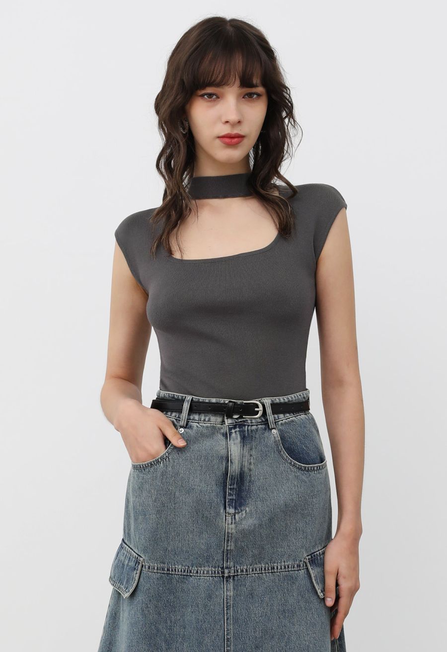 Choker Neck Cap Sleeve Knit Top in Smoke
