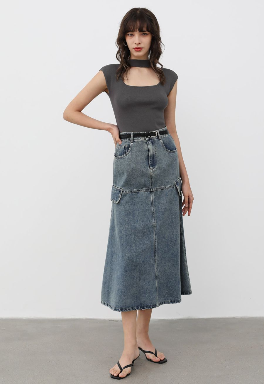 Choker Neck Cap Sleeve Knit Top in Smoke