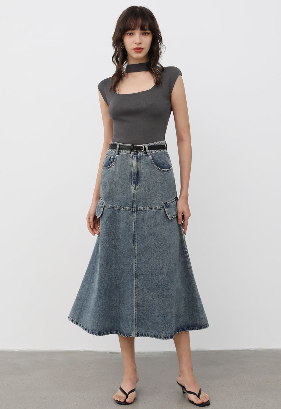 Choker Neck Cap Sleeve Knit Top in Smoke