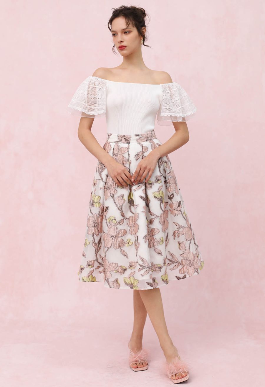 Cutwork Lace Flutter Sleeves Spliced Knit Top in White