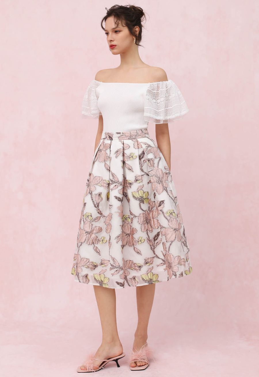 Cutwork Lace Flutter Sleeves Spliced Knit Top in White