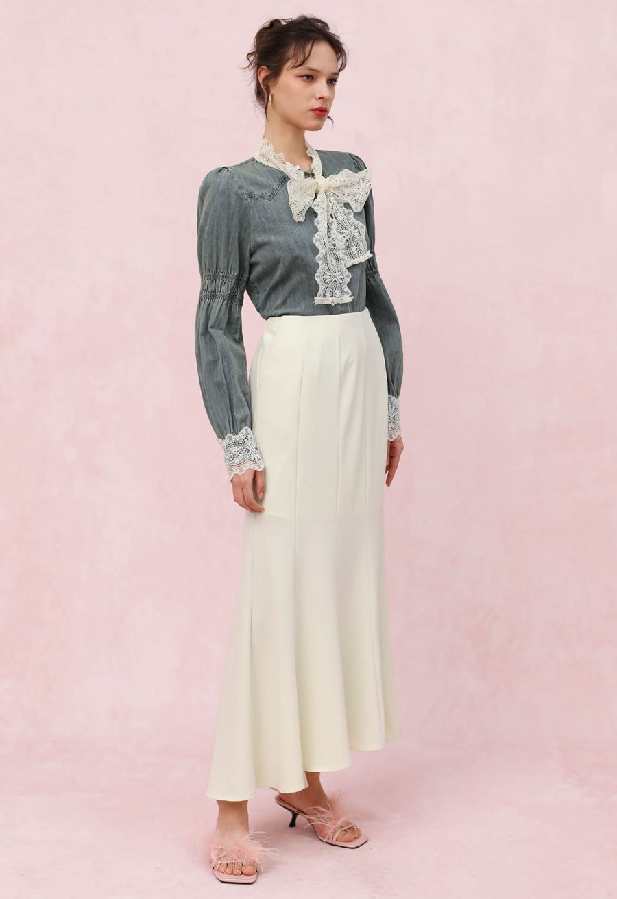 Seam Detailing Mermaid Maxi Skirt in Cream
