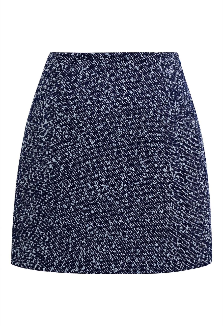 Mix-Color Buttoned Tweed Mini Skirt in Navy