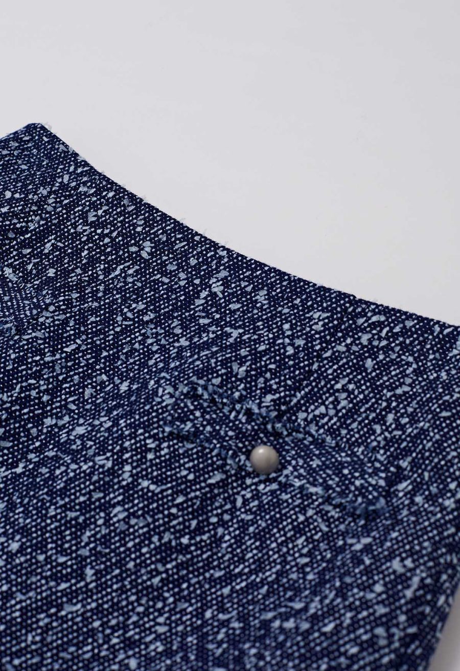 Mix-Color Buttoned Tweed Mini Skirt in Navy