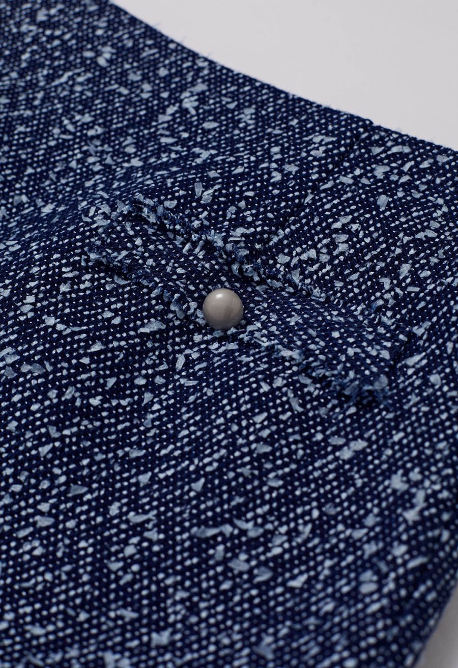 Mix-Color Buttoned Tweed Mini Skirt in Navy