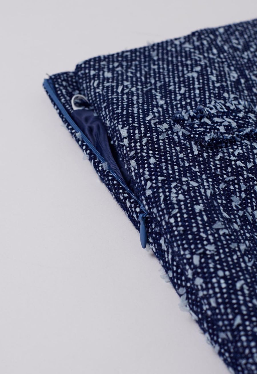 Mix-Color Buttoned Tweed Mini Skirt in Navy