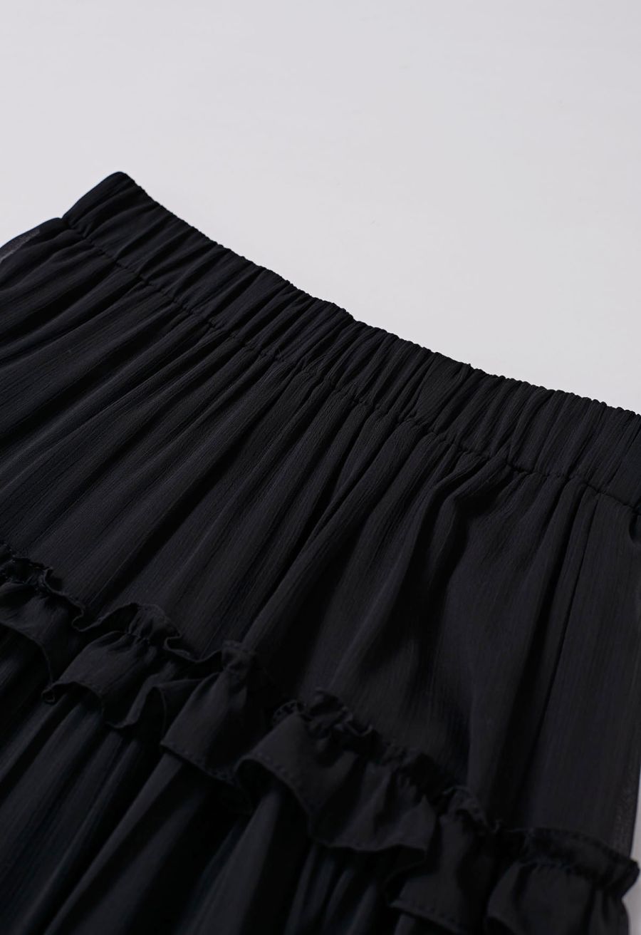 Adorable Ruffle Trim Flare Maxi Skirt in Black