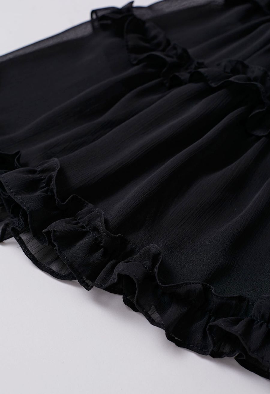 Adorable Ruffle Trim Flare Maxi Skirt in Black
