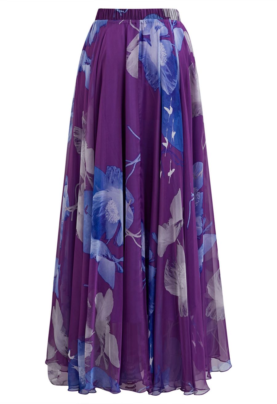 Purple Passion Floral Chiffon Maxi Skirt