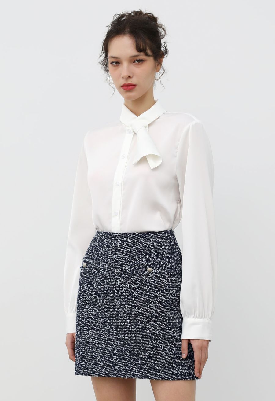 Mix-Color Buttoned Tweed Mini Skirt in Navy