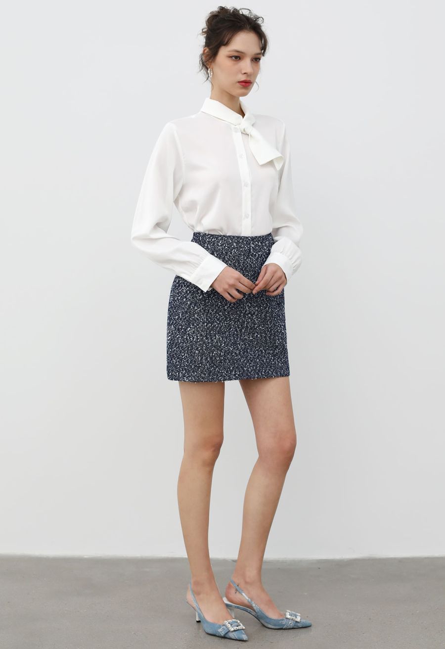 Mix-Color Buttoned Tweed Mini Skirt in Navy