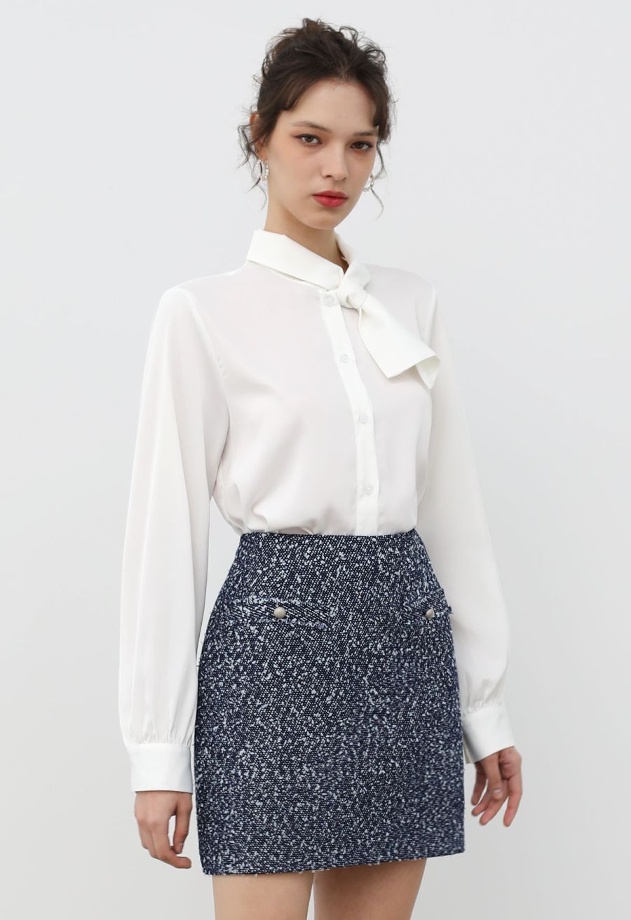 Mix-Color Buttoned Tweed Mini Skirt in Navy