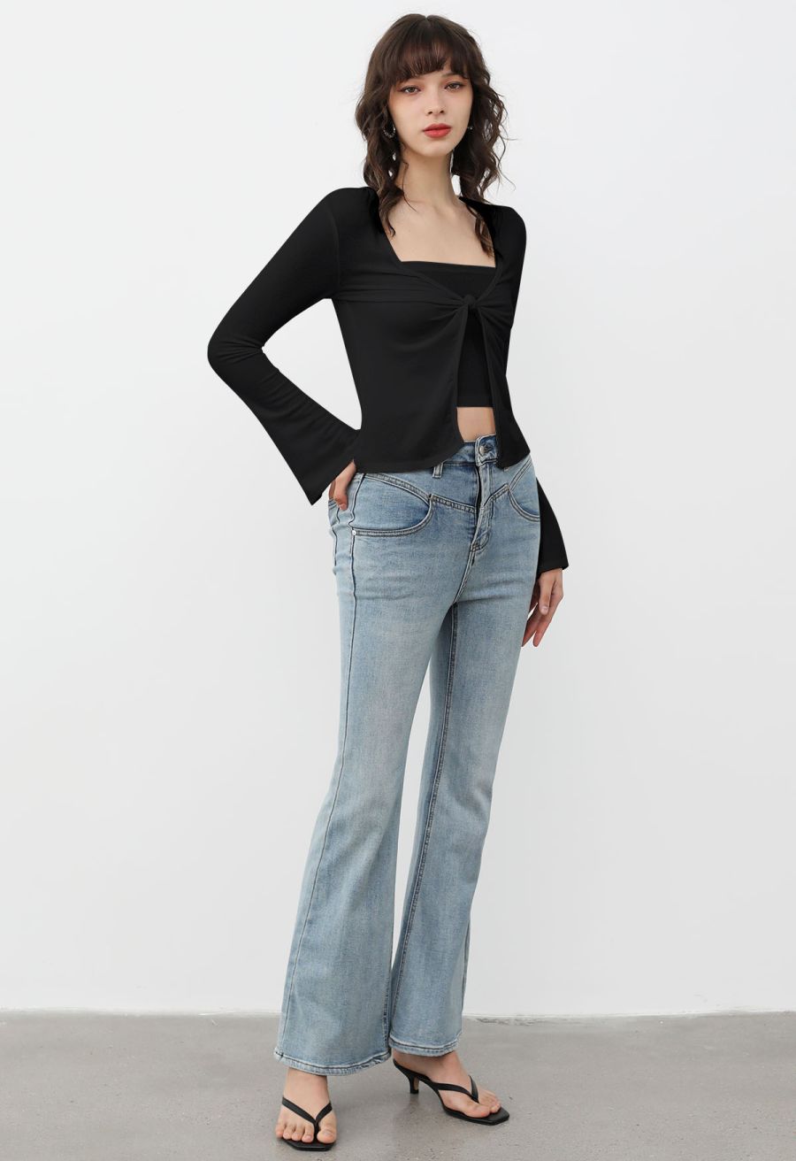 Knotted Front Two-Piece Top in Black