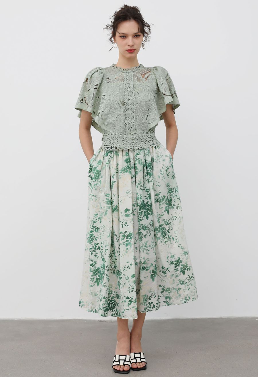 Velvet Greenery Floral A-Line Skirt