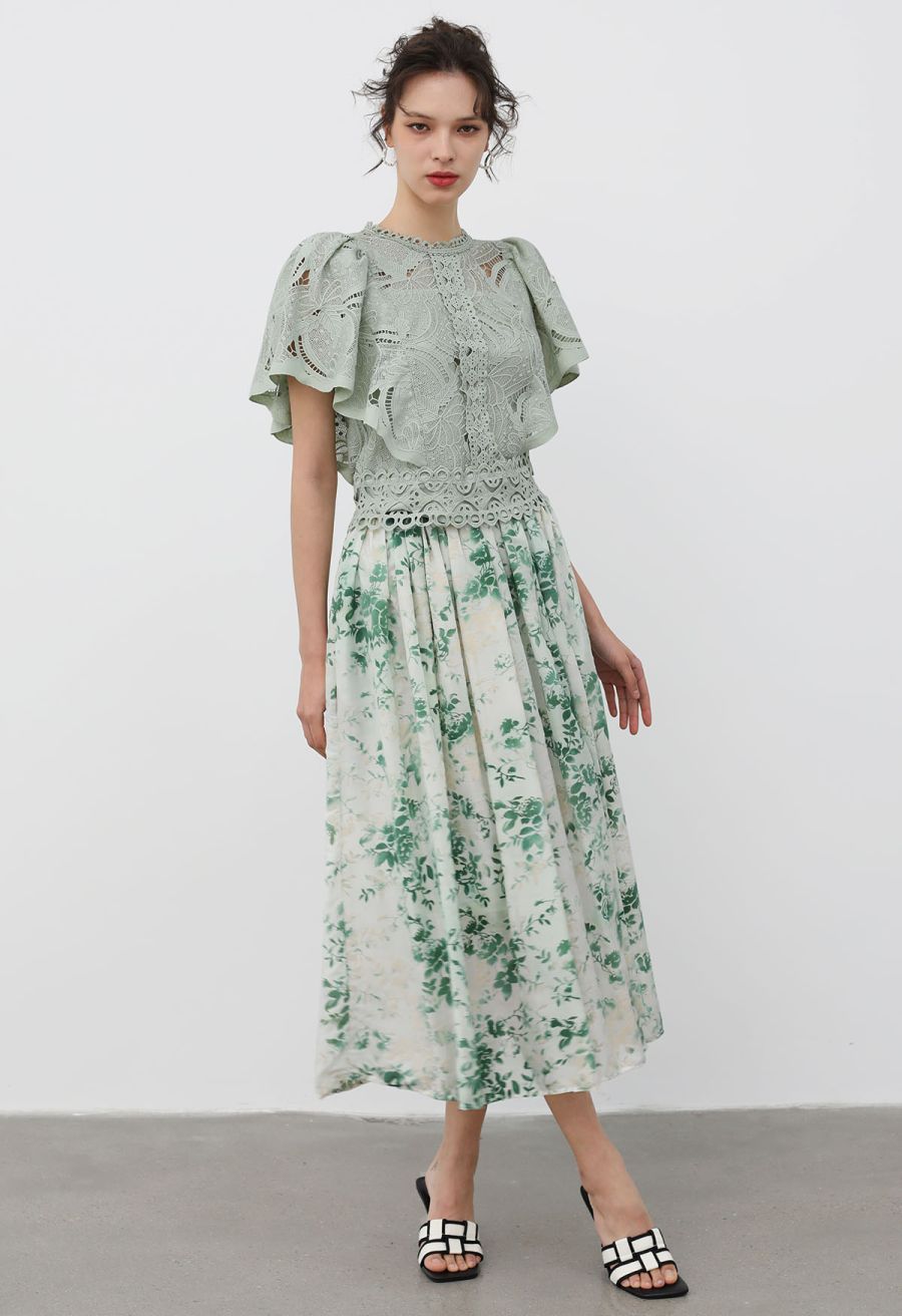 Velvet Greenery Floral A-Line Skirt