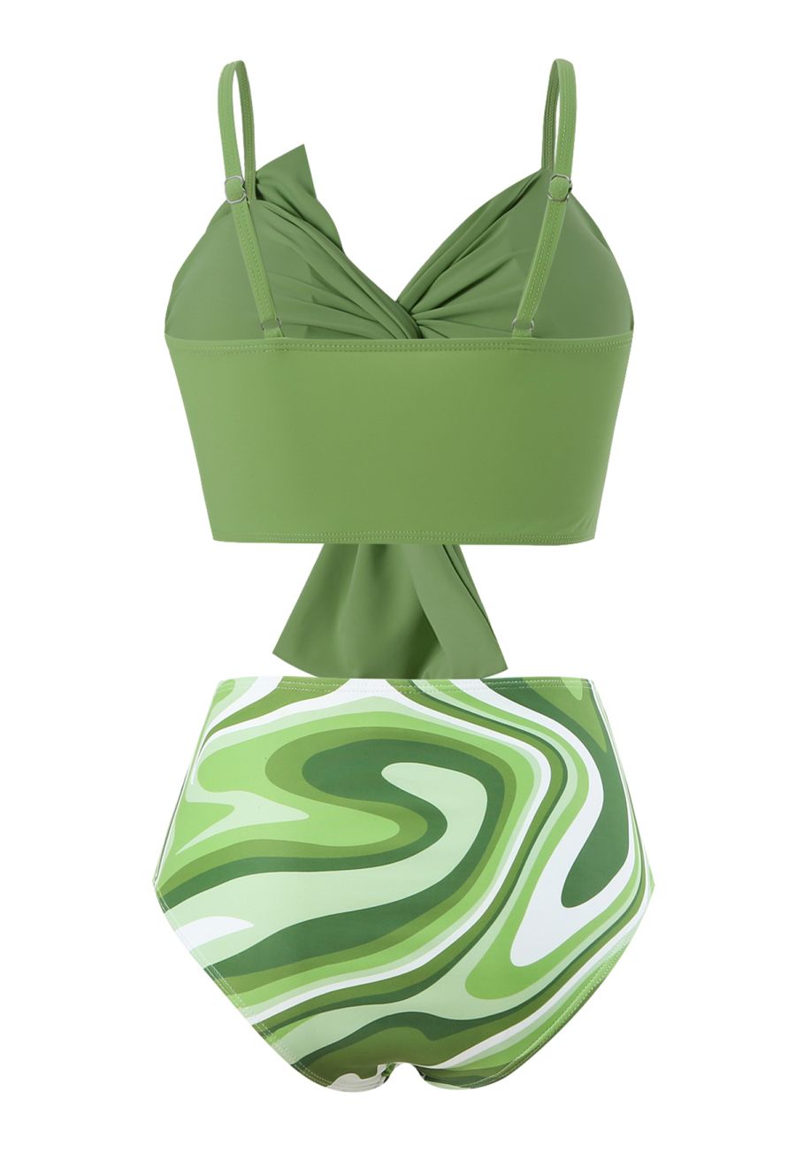 Front Knot Ruched Bikini Set in Green Print
