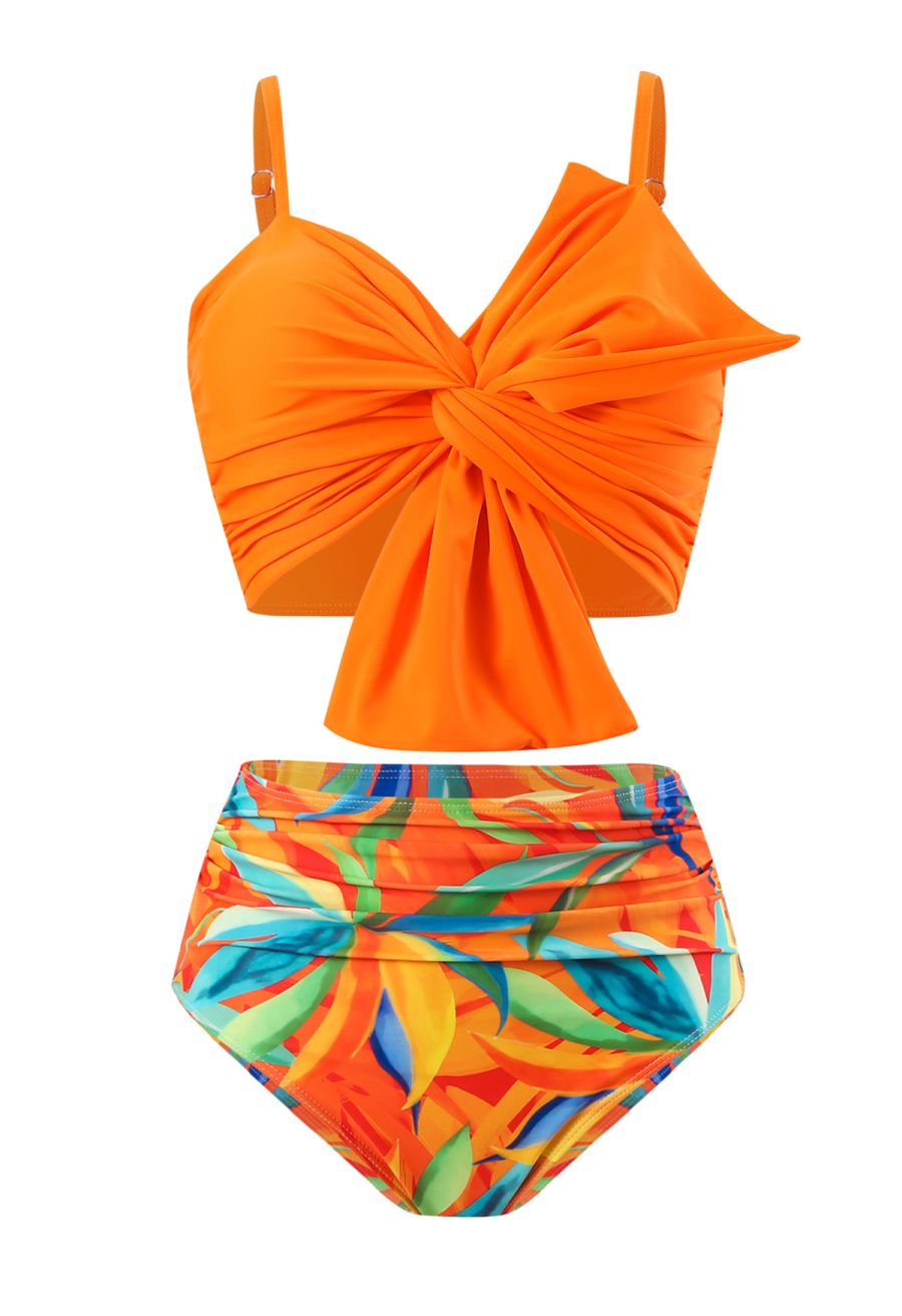 Front Knot Ruched Bikini Set in Orange Print
