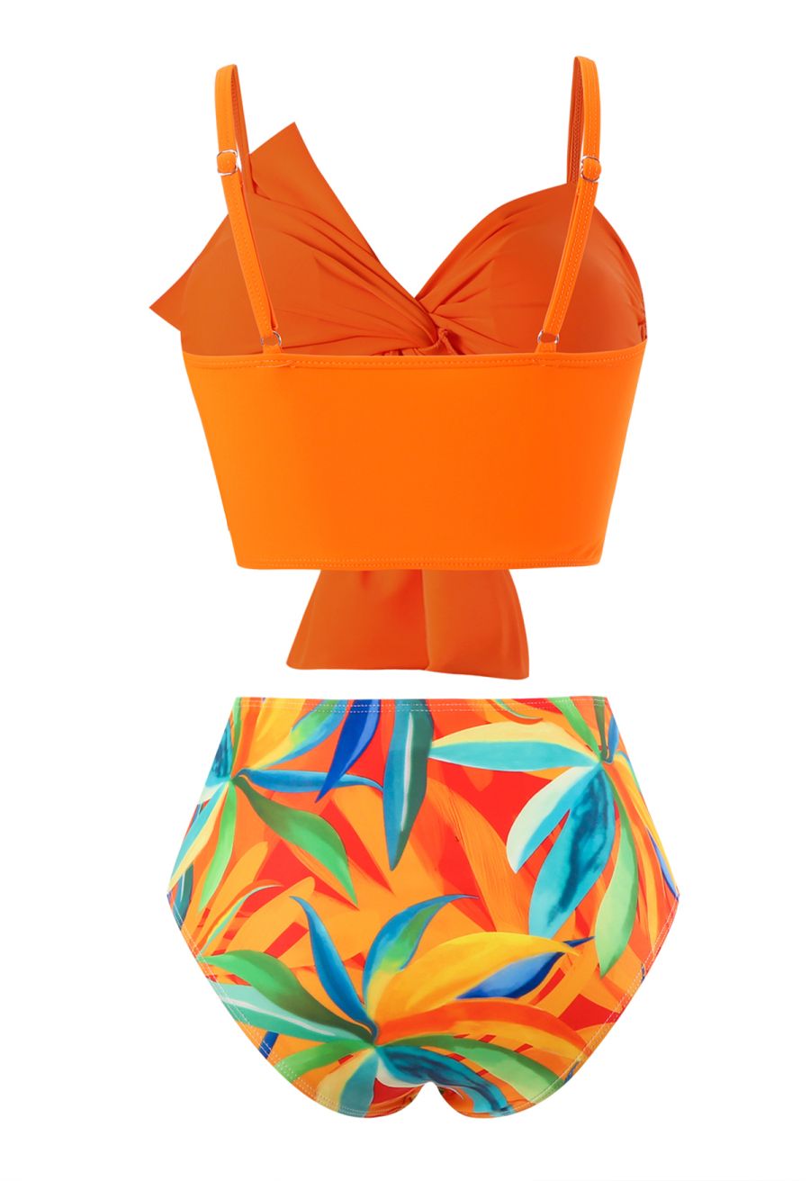 Front Knot Ruched Bikini Set in Orange Print